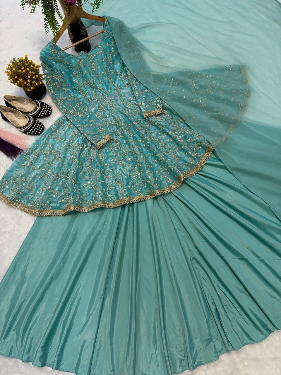 HEAVY FANDY SILK  WITH HEAVY  EMBROIDERY 5MM SEQUENCE WORK WITH FULL SLEEVE WITH READYMADE LESS. WHOLESALE GEELAN FASHION SURAT