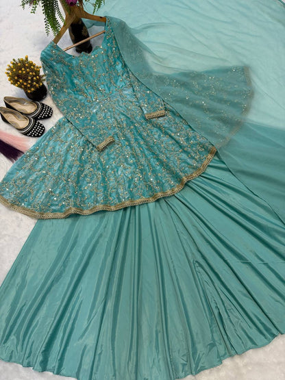 HEAVY FANDY SILK  WITH HEAVY  EMBROIDERY 5MM SEQUENCE WORK WITH FULL SLEEVE WITH READYMADE LESS. WHOLESALE GEELAN FASHION SURAT