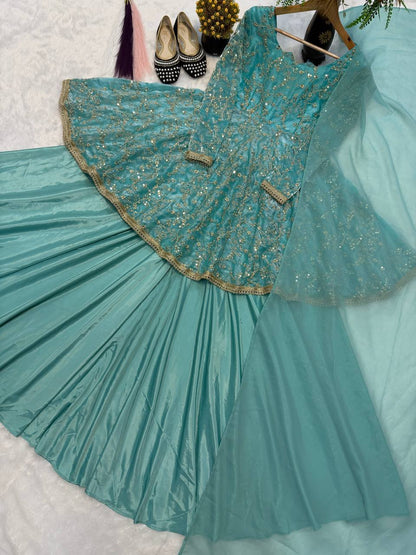 HEAVY FANDY SILK  WITH HEAVY  EMBROIDERY 5MM SEQUENCE WORK WITH FULL SLEEVE WITH READYMADE LESS. WHOLESALE GEELAN FASHION SURAT