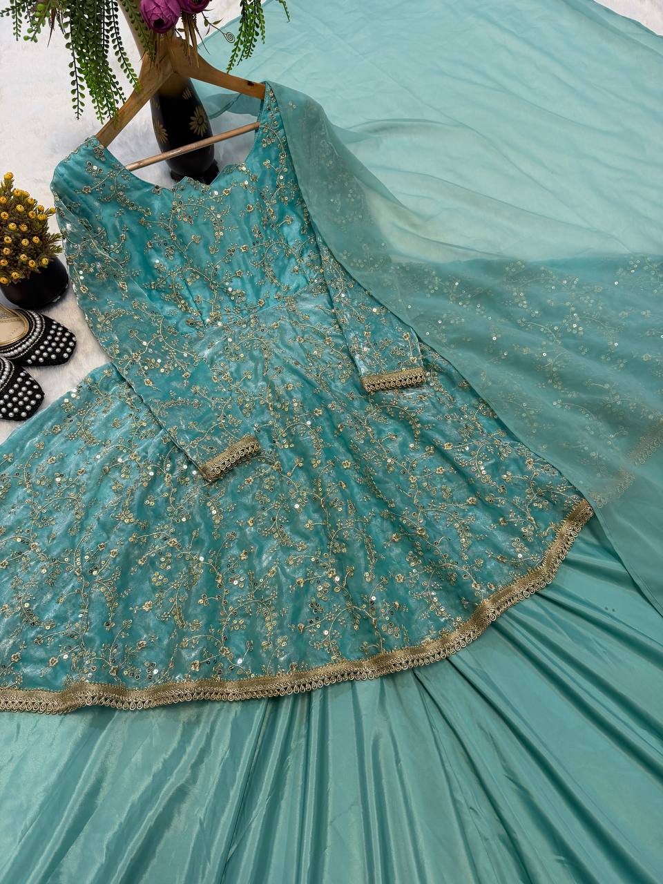 HEAVY FANDY SILK  WITH HEAVY  EMBROIDERY 5MM SEQUENCE WORK WITH FULL SLEEVE WITH READYMADE LESS. WHOLESALE GEELAN FASHION SURAT