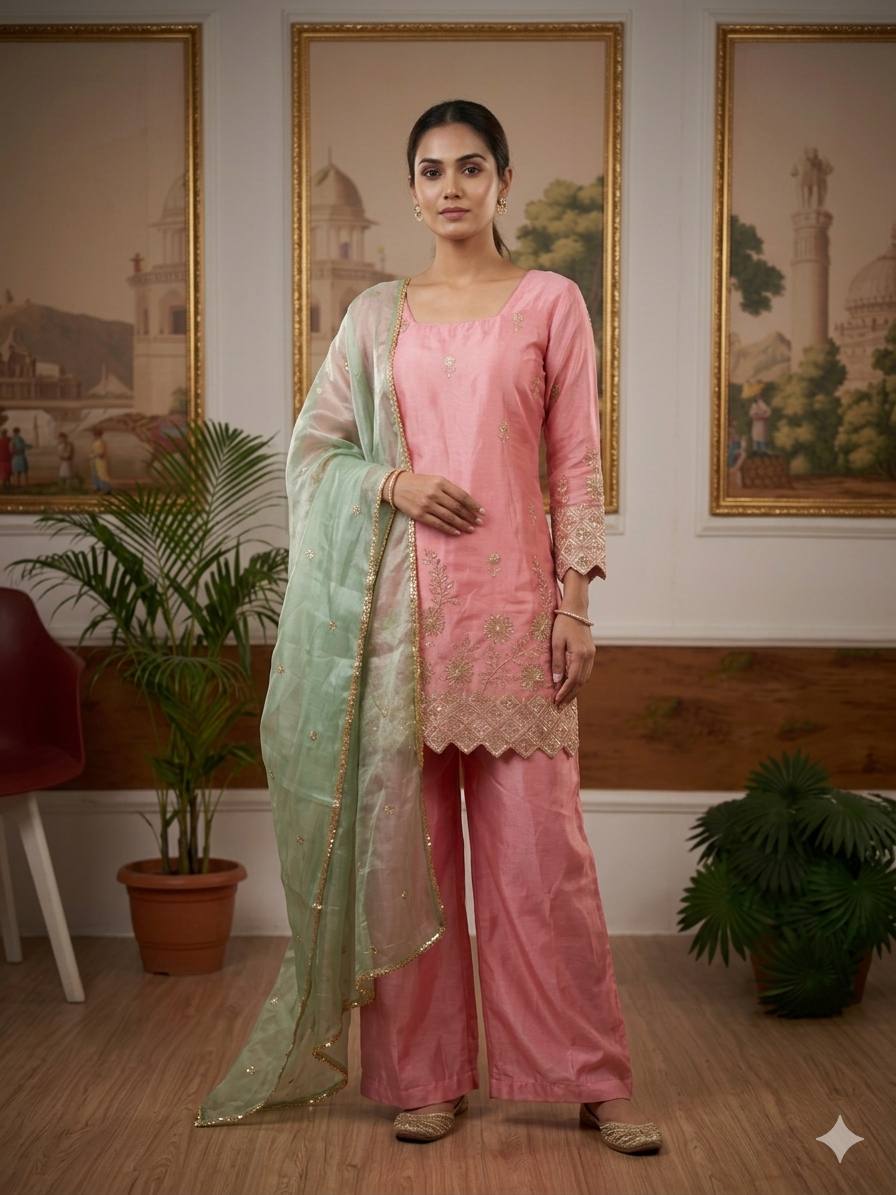 3 PIECES KURTI, PLAZZO & DUPATTA WITH EMBROIDERY WORK WHOLESALE GEELAN FASHION SURAT