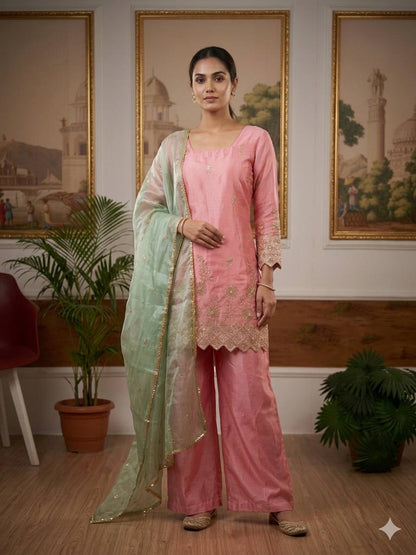 3 PIECES KURTI, PLAZZO & DUPATTA WITH EMBROIDERY WORK WHOLESALE GEELAN FASHION SURAT