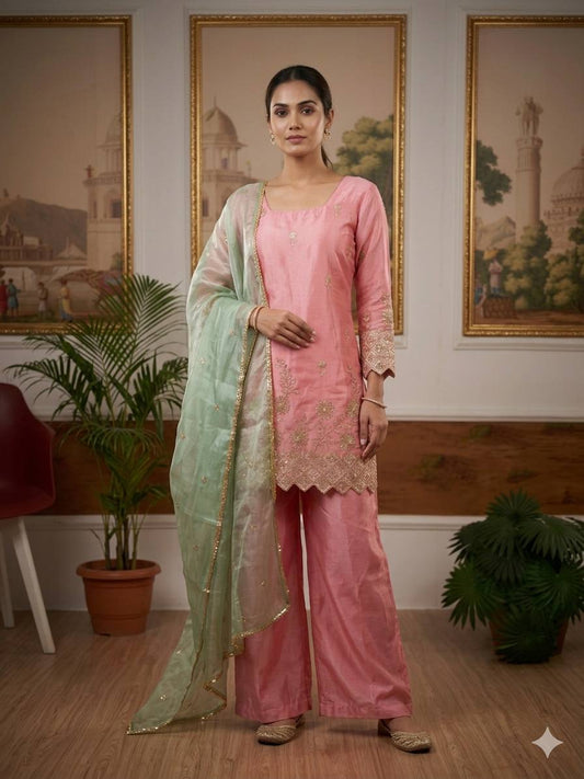 3 PIECES KURTI, PLAZZO & DUPATTA WITH EMBROIDERY WORK WHOLESALE GEELAN FASHION SURAT
