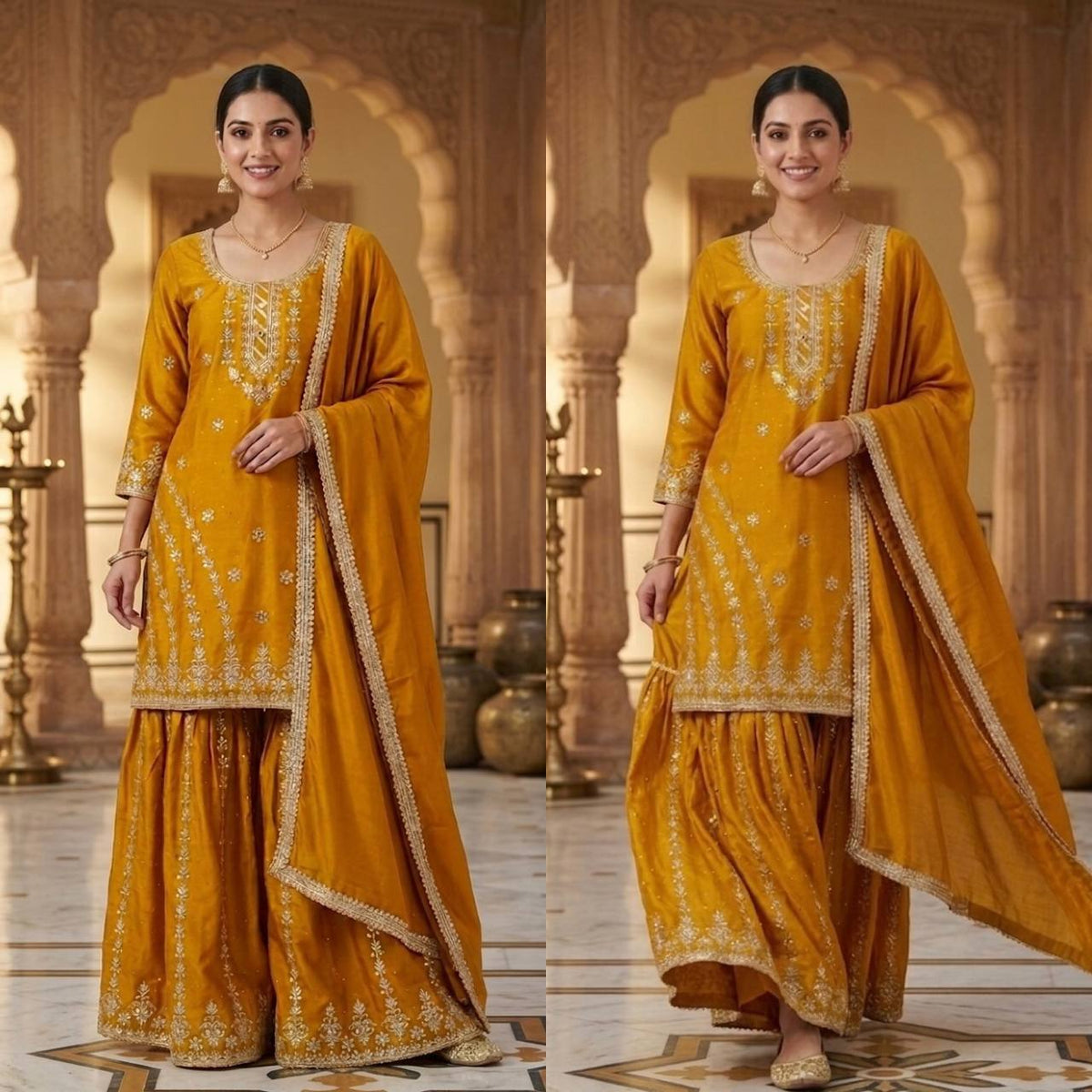 PURE HEAVY CHINNON SILK WITH HEAVY EMBROIDERY WORK WITH FANCY BORDERS LESS WORK SLEEVE WITH FANCY LATKAN DORI. WHOLESALE GEELAN FASHION SURAT
