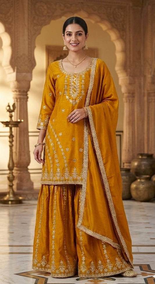 PURE HEAVY CHINNON SILK WITH HEAVY EMBROIDERY WORK WITH FANCY BORDERS LESS WORK SLEEVE WITH FANCY LATKAN DORI. WHOLESALE GEELAN FASHION SURAT