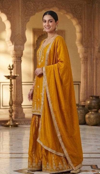 PURE HEAVY CHINNON SILK WITH HEAVY EMBROIDERY WORK WITH FANCY BORDERS LESS WORK SLEEVE WITH FANCY LATKAN DORI. WHOLESALE GEELAN FASHION SURAT