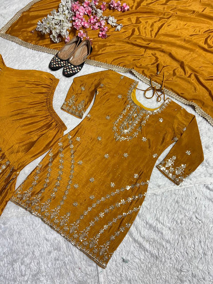 PURE HEAVY CHINNON SILK WITH HEAVY EMBROIDERY WORK WITH FANCY BORDERS LESS WORK SLEEVE WITH FANCY LATKAN DORI. WHOLESALE GEELAN FASHION SURAT