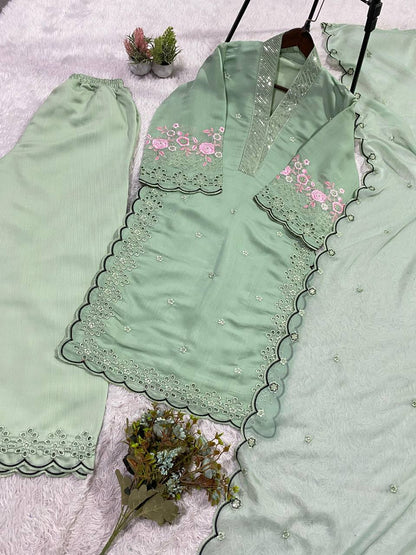 EID 🌙 WEAR OUR SEQUENCE EMBROIDERY WORKED TOP, PANT WITH DUPATTA WHOLESALE GEELAN FASHION SURAT