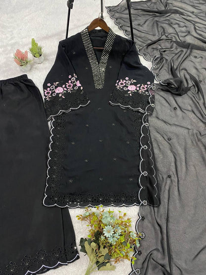 EID 🌙 WEAR OUR SEQUENCE EMBROIDERY WORKED TOP, PANT WITH DUPATTA WHOLESALE GEELAN FASHION SURAT