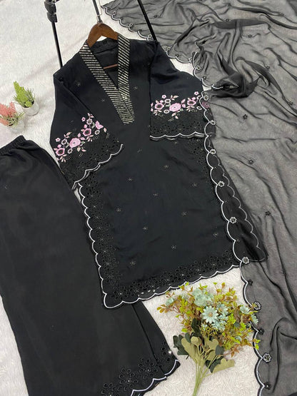 EID 🌙 WEAR OUR SEQUENCE EMBROIDERY WORKED TOP, PANT WITH DUPATTA WHOLESALE GEELAN FASHION SURAT