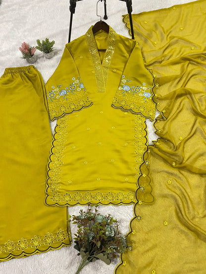EID 🌙 WEAR OUR SEQUENCE EMBROIDERY WORKED TOP, PANT WITH DUPATTA WHOLESALE GEELAN FASHION SURAT