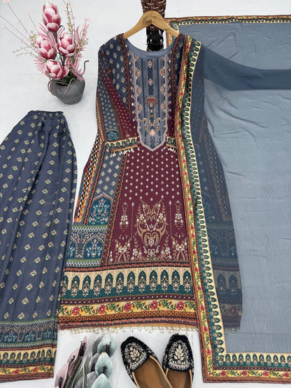 NEW DESIGNER HEAVY FUAX GEORGETTE DIGITAL PRINT HAND WORK SALWAR SUIT