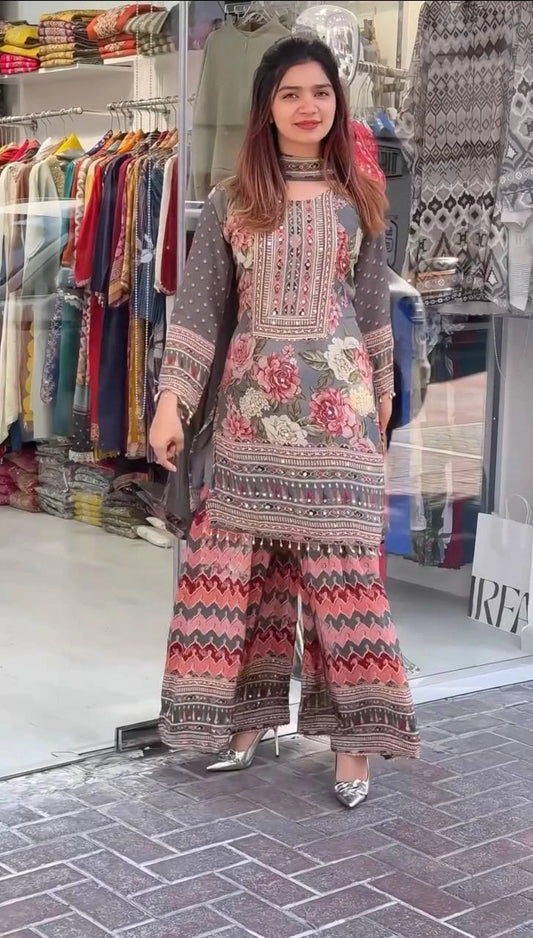 NEW DESIGNER HEAVY FUAX GEORGETTE DIGITAL PRINT HAND WORK SALWAR SUIT