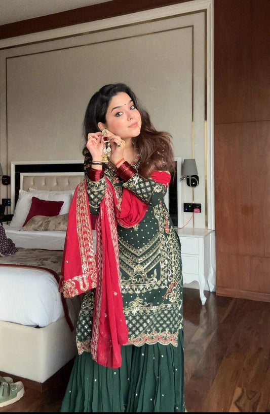 HEAVY EMBROIDERED GREEN SHARARA SET FOR WOMEN – FESTIVE & WEDDING COLLECTION