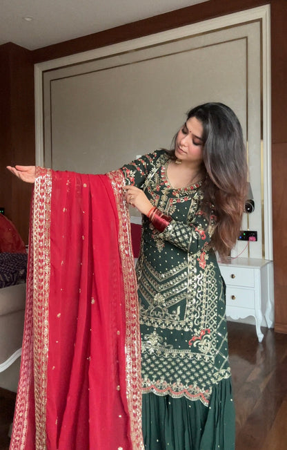 HEAVY EMBROIDERED GREEN SHARARA SET FOR WOMEN – FESTIVE & WEDDING COLLECTION