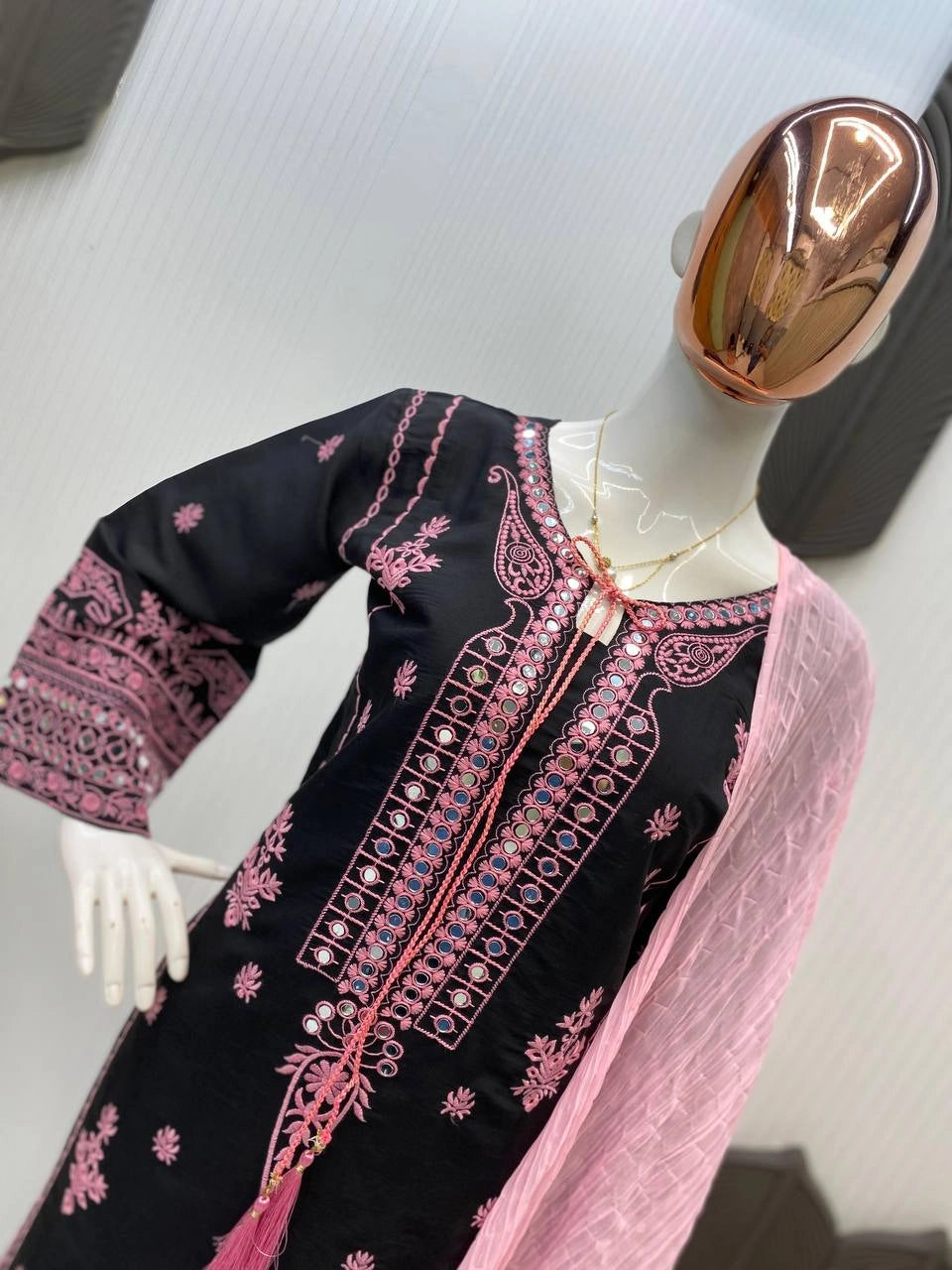BLACK PAKISTANI EMBROIDERED DRESS WITH PINK MIRROR WORK – ELEGANT PARTY – FESTIVE WEAR FOR WOMEN