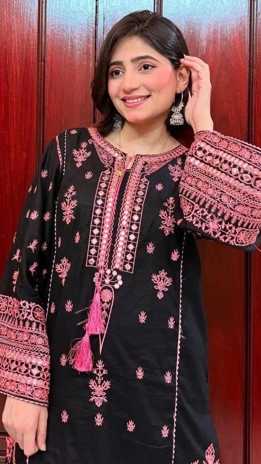 BLACK PAKISTANI EMBROIDERED DRESS WITH PINK MIRROR WORK – ELEGANT PARTY – FESTIVE WEAR FOR WOMEN
