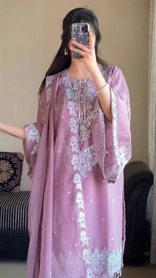 PAKISTANI EMBROIDERED GEORGETTE SUIT – LAVENDER COLOR | ETHNIC WEAR FOR WOMEN | WEDDING & PARTY DRESS