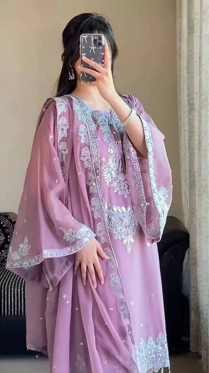 PAKISTANI EMBROIDERED GEORGETTE SUIT – LAVENDER COLOR | ETHNIC WEAR FOR WOMEN | WEDDING & PARTY DRESS