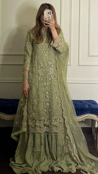 LIGHT GREEN EMBROIDERED PAKISTANI PARTY WEAR DRESS FOR WOMEN | LUXURY CHIFFON SHARARA OUTFIT FOR WOMEN