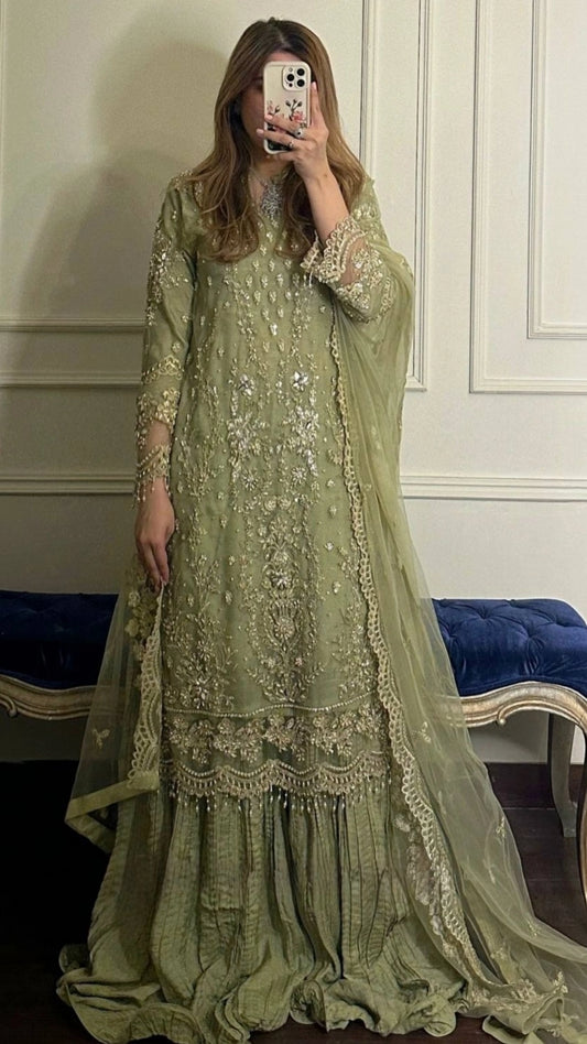 LIGHT GREEN EMBROIDERED PAKISTANI PARTY WEAR DRESS FOR WOMEN | LUXURY CHIFFON SHARARA OUTFIT FOR WOMEN