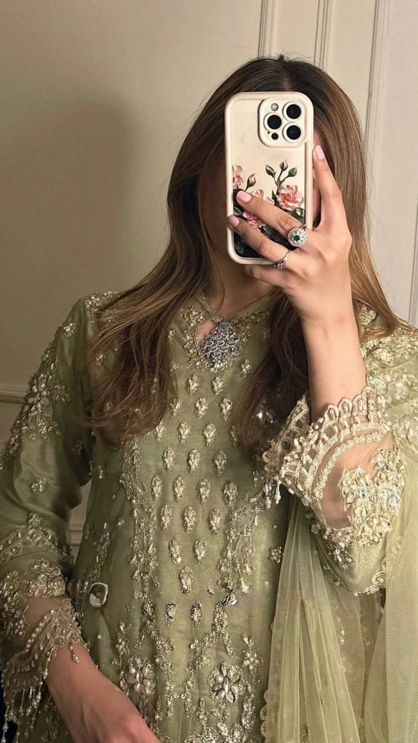 LIGHT GREEN EMBROIDERED PAKISTANI PARTY WEAR DRESS FOR WOMEN | LUXURY CHIFFON SHARARA OUTFIT FOR WOMEN