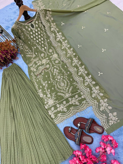LIGHT GREEN EMBROIDERED PAKISTANI PARTY WEAR DRESS FOR WOMEN | LUXURY CHIFFON SHARARA OUTFIT FOR WOMEN