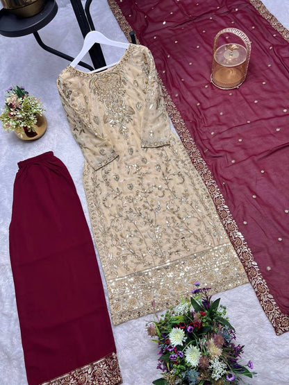PREMIUM PAKISTANI EMBROIDERED SUIT IN GOLD AND MAROON | FESTIVE, WEDDING & PARTY WEAR OUTFIT FOR LADIES