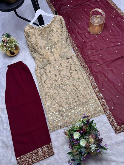 PREMIUM PAKISTANI EMBROIDERED SUIT IN GOLD AND MAROON | FESTIVE, WEDDING & PARTY WEAR OUTFIT FOR LADIES