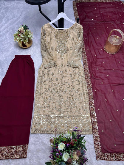 PREMIUM PAKISTANI EMBROIDERED SUIT IN GOLD AND MAROON | FESTIVE, WEDDING & PARTY WEAR OUTFIT FOR LADIES