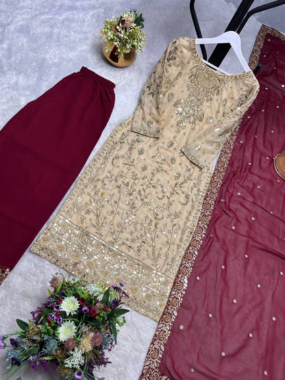 PREMIUM PAKISTANI EMBROIDERED SUIT IN GOLD AND MAROON | FESTIVE, WEDDING & PARTY WEAR OUTFIT FOR LADIES
