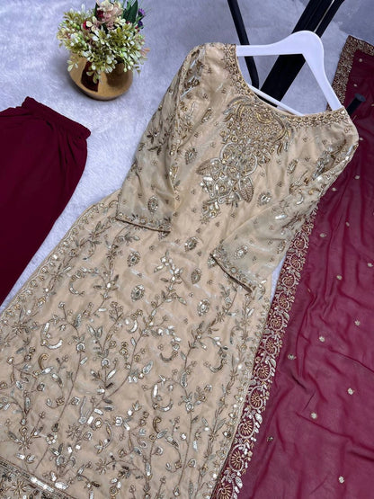 PREMIUM PAKISTANI EMBROIDERED SUIT IN GOLD AND MAROON | FESTIVE, WEDDING & PARTY WEAR OUTFIT FOR LADIES
