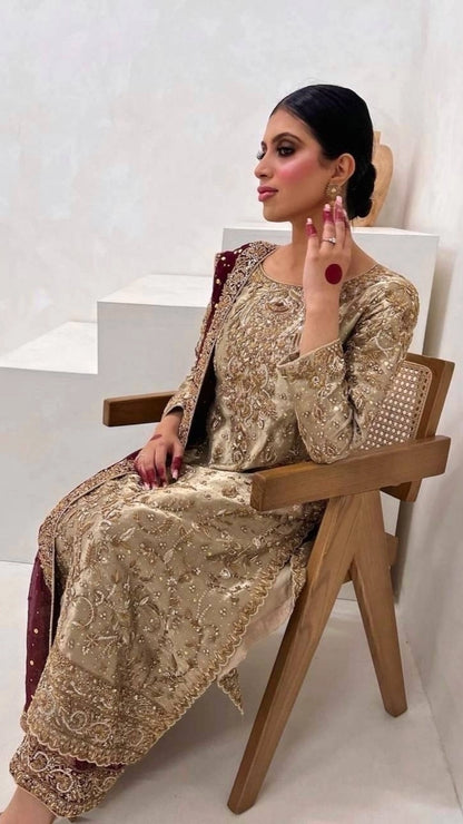 PREMIUM PAKISTANI EMBROIDERED SUIT IN GOLD AND MAROON | FESTIVE, WEDDING & PARTY WEAR OUTFIT FOR LADIES