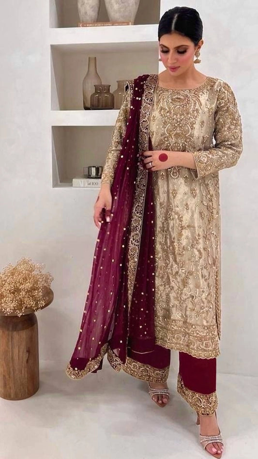 PREMIUM PAKISTANI EMBROIDERED SUIT IN GOLD AND MAROON | FESTIVE, WEDDING & PARTY WEAR OUTFIT FOR LADIES