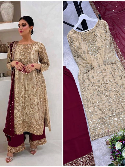 PREMIUM PAKISTANI EMBROIDERED SUIT IN GOLD AND MAROON | FESTIVE, WEDDING & PARTY WEAR OUTFIT FOR LADIES