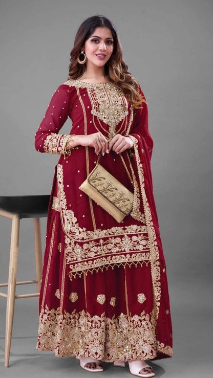 PREMIUM MAROON HEAVY EMBROIDERED WEDDING SUIT | DESIGNER PARTY WEAR PAKISTANI STYLE DRESS FOR WOMEN