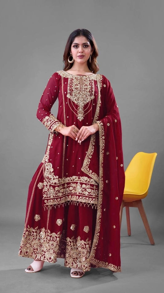 PREMIUM MAROON HEAVY EMBROIDERED WEDDING SUIT | DESIGNER PARTY WEAR PAKISTANI STYLE DRESS FOR WOMEN