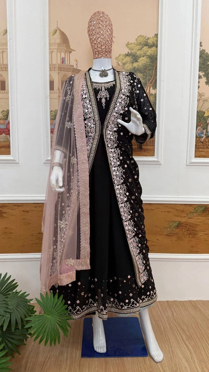 NEW SUPERHIT TRENDING FESTIVE COLLECTION GOWN, KOTI AND DUPATTA SET WITH EMBROIDERY WORK AND CRYSTAL STONE WORK