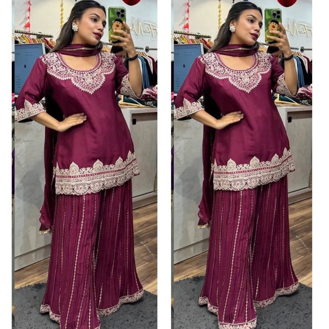 PREMIUM EMBROIDERED SILK SHARARA SUIT SET FOR WOMEN | FESTIVE AND PARTY WEAR SUIT IN WINE AND MAROON RED