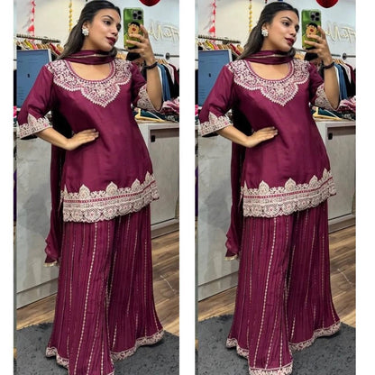 PREMIUM EMBROIDERED SILK SHARARA SUIT SET FOR WOMEN | FESTIVE AND PARTY WEAR SUIT IN WINE AND MAROON RED