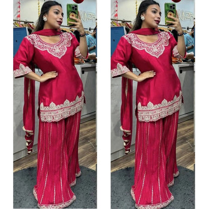 PREMIUM EMBROIDERED SILK SHARARA SUIT SET FOR WOMEN | FESTIVE AND PARTY WEAR SUIT IN WINE AND MAROON RED