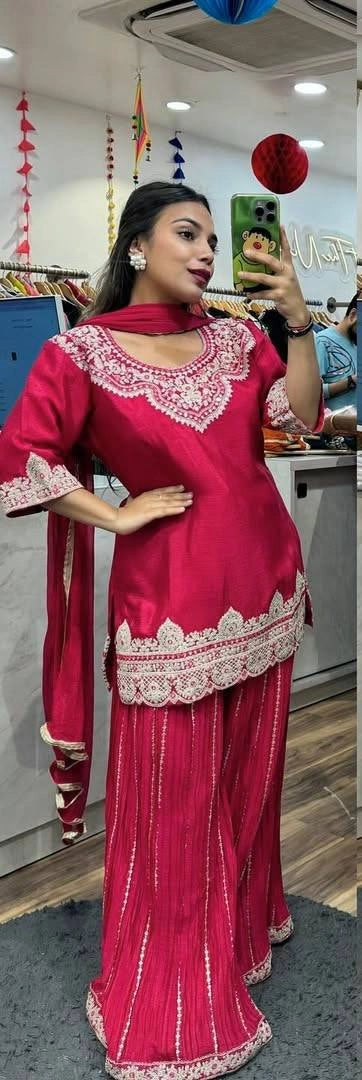 PREMIUM EMBROIDERED SILK SHARARA SUIT SET FOR WOMEN | FESTIVE AND PARTY WEAR SUIT IN WINE AND MAROON RED