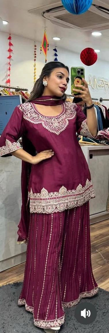 PREMIUM EMBROIDERED SILK SHARARA SUIT SET FOR WOMEN | FESTIVE AND PARTY WEAR SUIT IN WINE AND MAROON RED