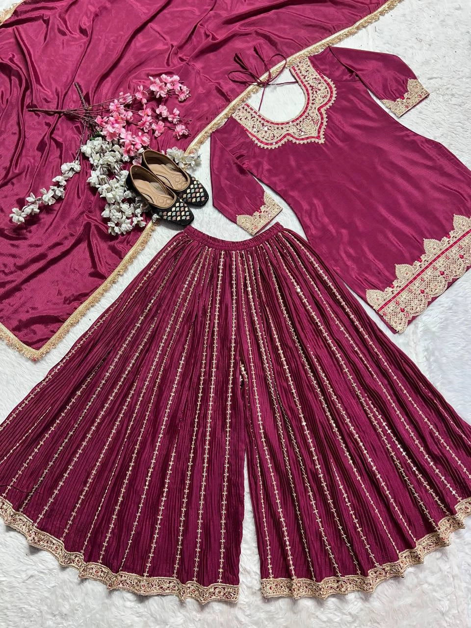 PREMIUM EMBROIDERED SILK SHARARA SUIT SET FOR WOMEN | FESTIVE AND PARTY WEAR SUIT IN WINE AND MAROON RED