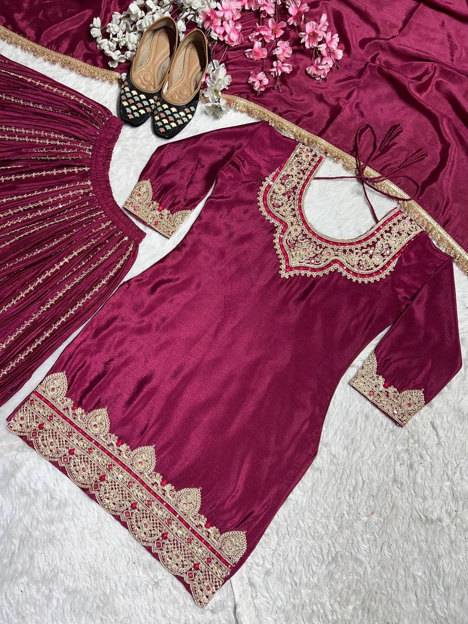 PREMIUM EMBROIDERED SILK SHARARA SUIT SET FOR WOMEN | FESTIVE AND PARTY WEAR SUIT IN WINE AND MAROON RED