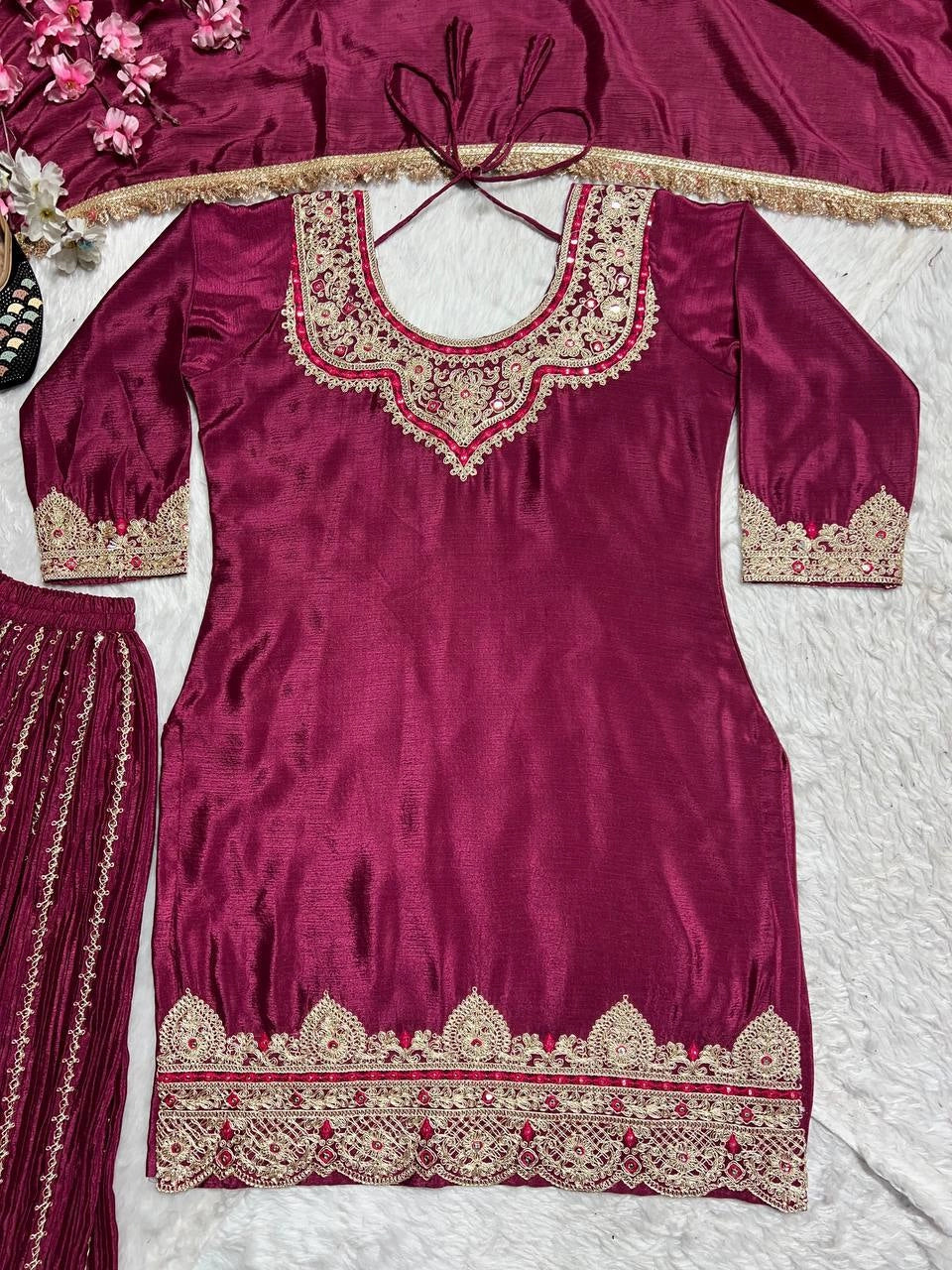 PREMIUM EMBROIDERED SILK SHARARA SUIT SET FOR WOMEN | FESTIVE AND PARTY WEAR SUIT IN WINE AND MAROON RED
