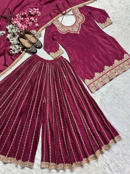 PREMIUM EMBROIDERED SILK SHARARA SUIT SET FOR WOMEN | FESTIVE AND PARTY WEAR SUIT IN WINE AND MAROON RED