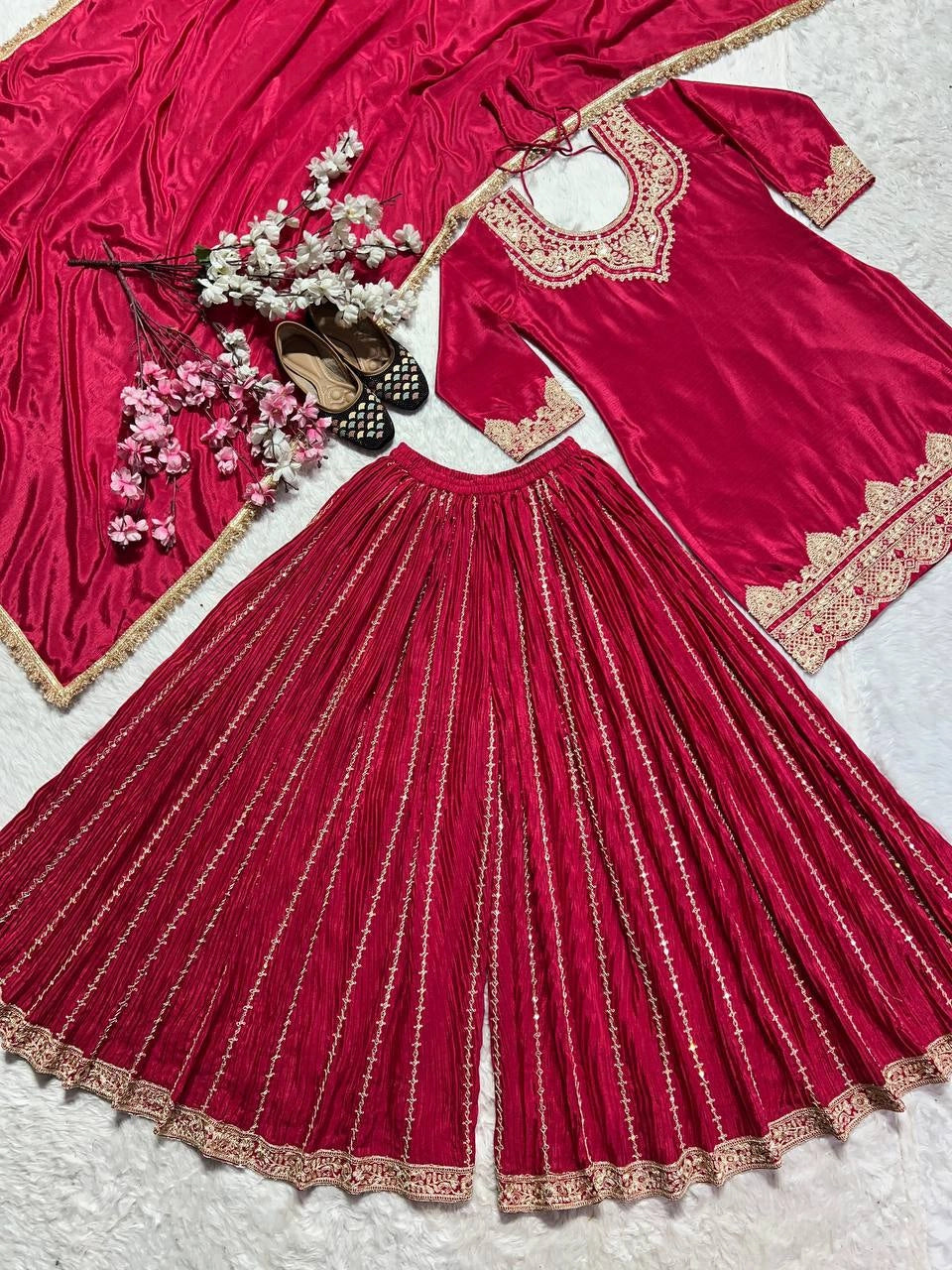 PREMIUM EMBROIDERED SILK SHARARA SUIT SET FOR WOMEN | FESTIVE AND PARTY WEAR SUIT IN WINE AND MAROON RED