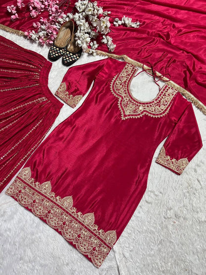 PREMIUM EMBROIDERED SILK SHARARA SUIT SET FOR WOMEN | FESTIVE AND PARTY WEAR SUIT IN WINE AND MAROON RED