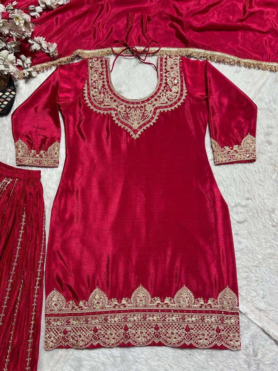 PREMIUM EMBROIDERED SILK SHARARA SUIT SET FOR WOMEN | FESTIVE AND PARTY WEAR SUIT IN WINE AND MAROON RED